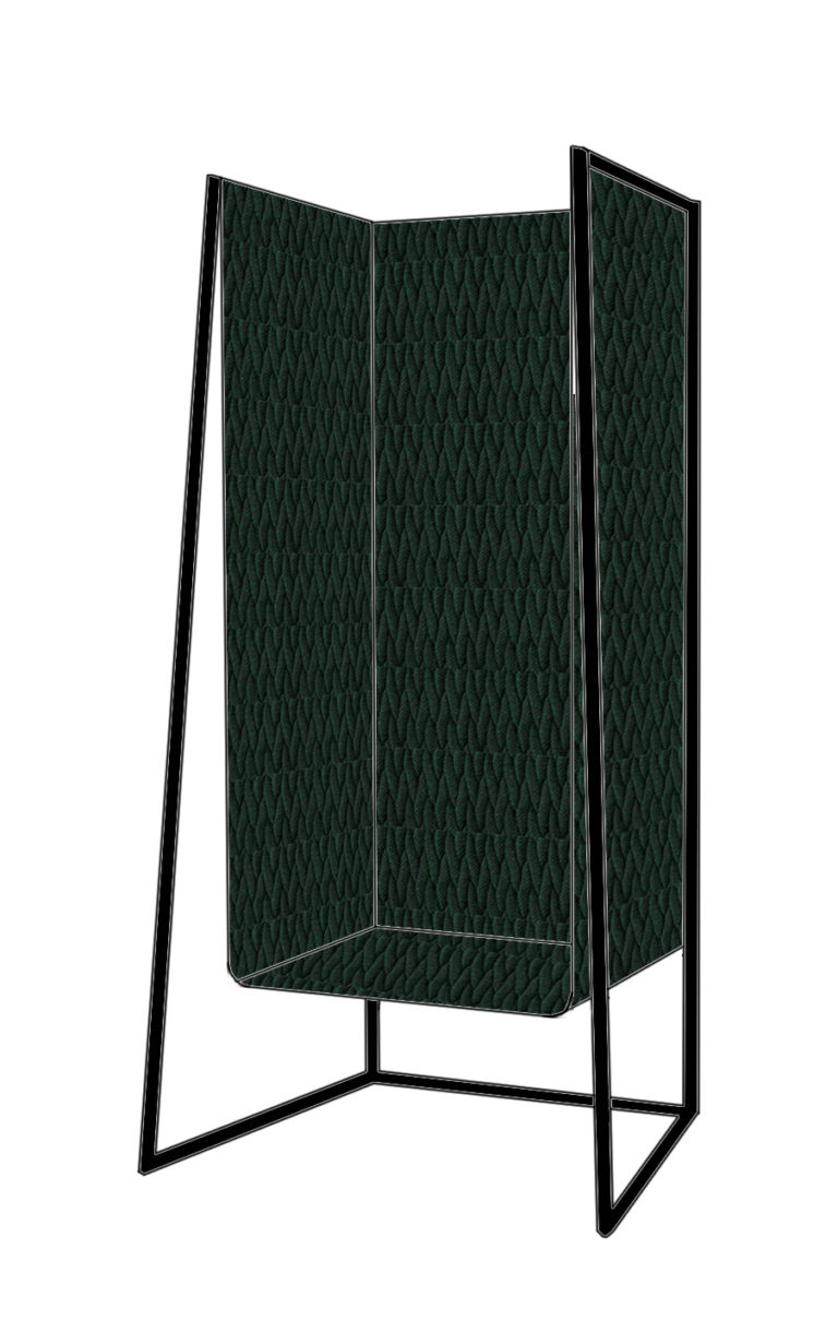 Omdat ik iemand ben die oog heeft voor textiel, houd ik er altijd van om 1 van mijn ontwerpen hierop te richten. Niet alle mensen kunnen zich een hangstoel veroorloven daar ze geen optie hebben deze aan het plafond te bevestigen. Ik ontwierp een knusse zitplaats vervaardigd uit zachte 3D textiel die aan een stalen frame hangt, en die dus in elke huiskamer kan staan. Er is een groot contrast tussen het koude, vlakke staal en de zachte driedimensionale stof. Dit contrast leidde mij naar de perfecte combinatie tussen warm en koud.