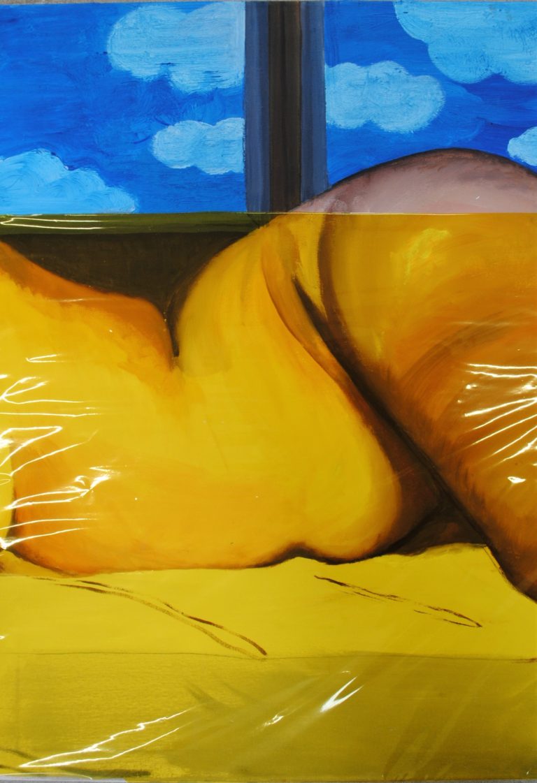 Sleeping Beauty: De Androgyn (ongecensureerd), 50x70, olieverf en acryl op canvas en cellofaan
